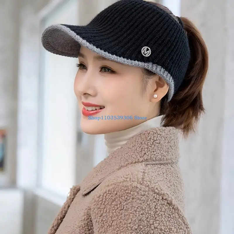 

400A Casual Empty Top Knitted Baseball Cap Show Face Small Warm Knit Messy High Bun Ponytail Visor Beanie Cap Gifts for Girl