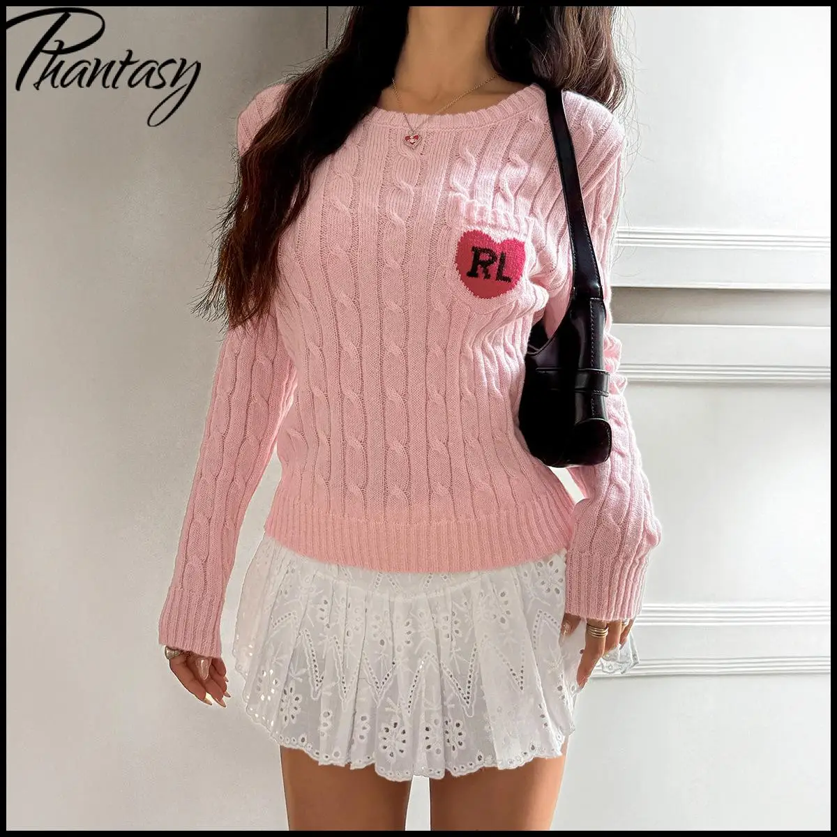 

Sweet Street Style Pink Women's Sweater Casual Versatile Long-Sleeve Ribbed Knit Pullover Autumn Winter Women's Outfit Night Out