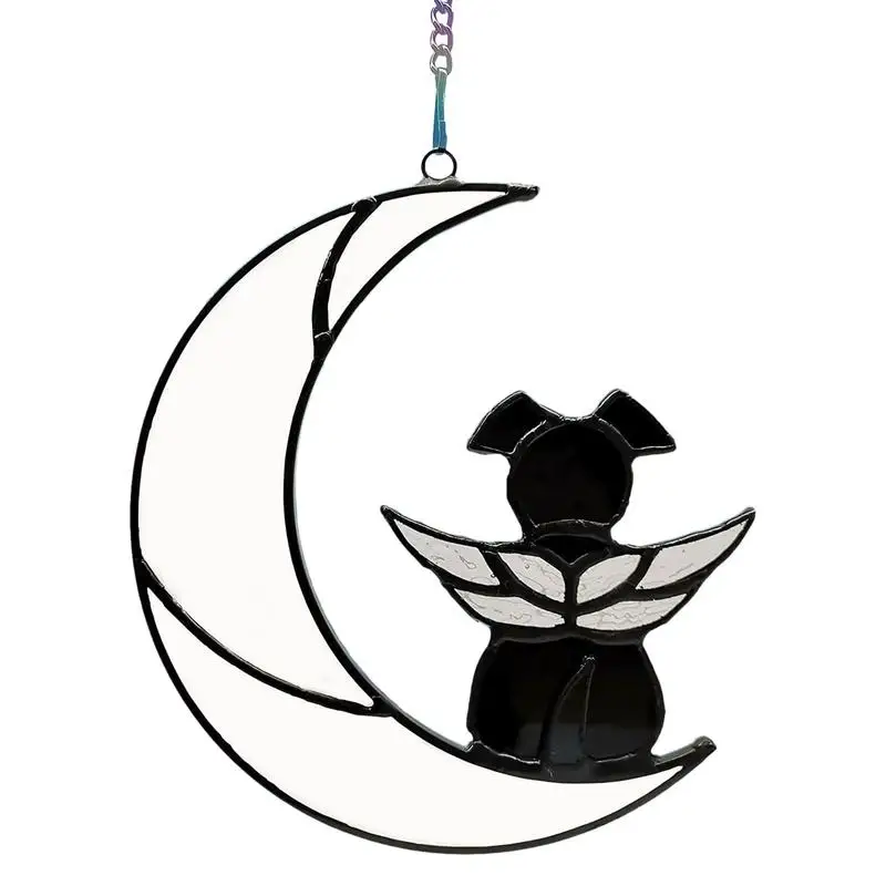 

Stained Glass Window Hanging Panel Dog On The Moon Hanging Ornament For Living Room Indoor Outdoor Apartment Home Decor