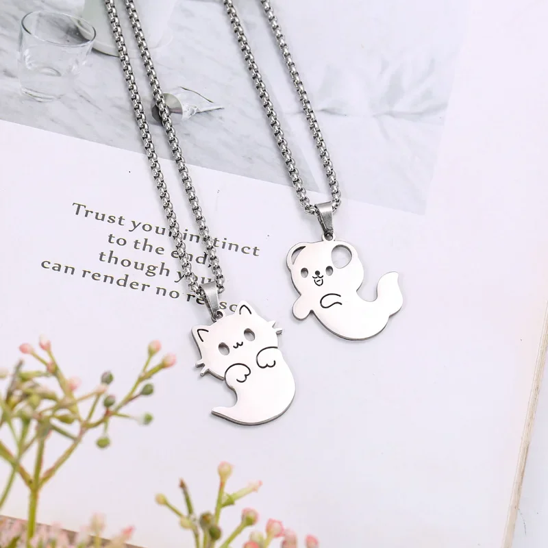 60cm Hot Selling Stainless Steel Adorable Cartoon Cat Dog Ghost Necklace Simplicity Lovely Niche Design Unisex Pendant Jewelry