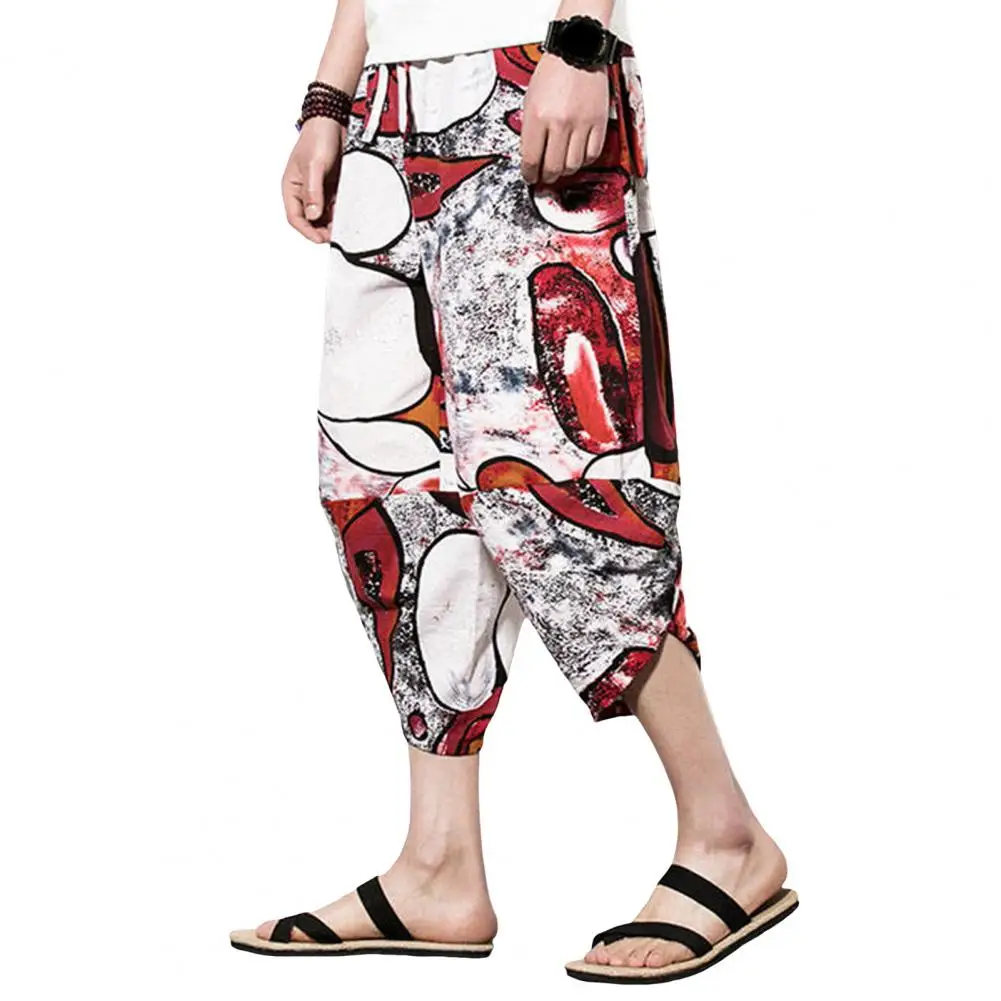 Men Printed Cropped Pants with Elastic Waist Deep Crotch Thin Pockets Mid-calf Trousers