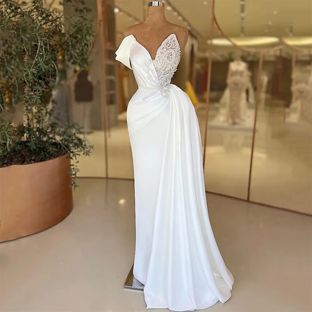 Hermosos vestidos de novia blancos, Apliques de encaje de satén, formales, sin hombros, sin mangas, vestidos de novia de princesa, 2023