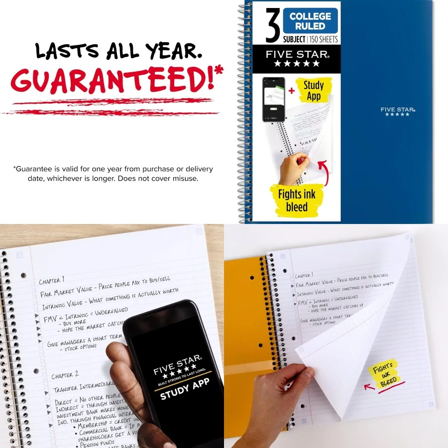 

Блокнот на спирали с учебным приложением для 3 предметов, линейная бумага для колледжа, 8-1/2 x 11, 150 листов, предназначенная для предотвращения чернил Ble