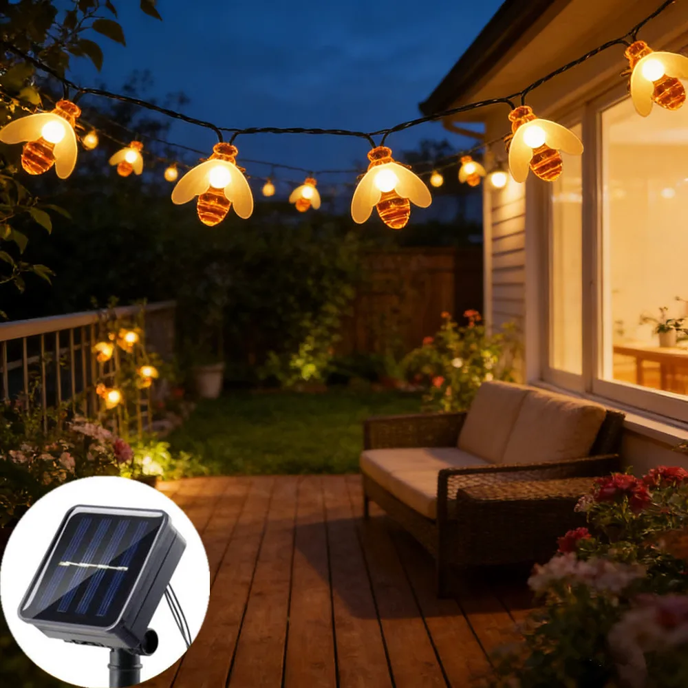 8 Mode Cute Solar Bee Fairy String Lights 20/50/100 LED Outdoor Lighting for Flower Fence Christmas Wedding Decor Garden Lights
