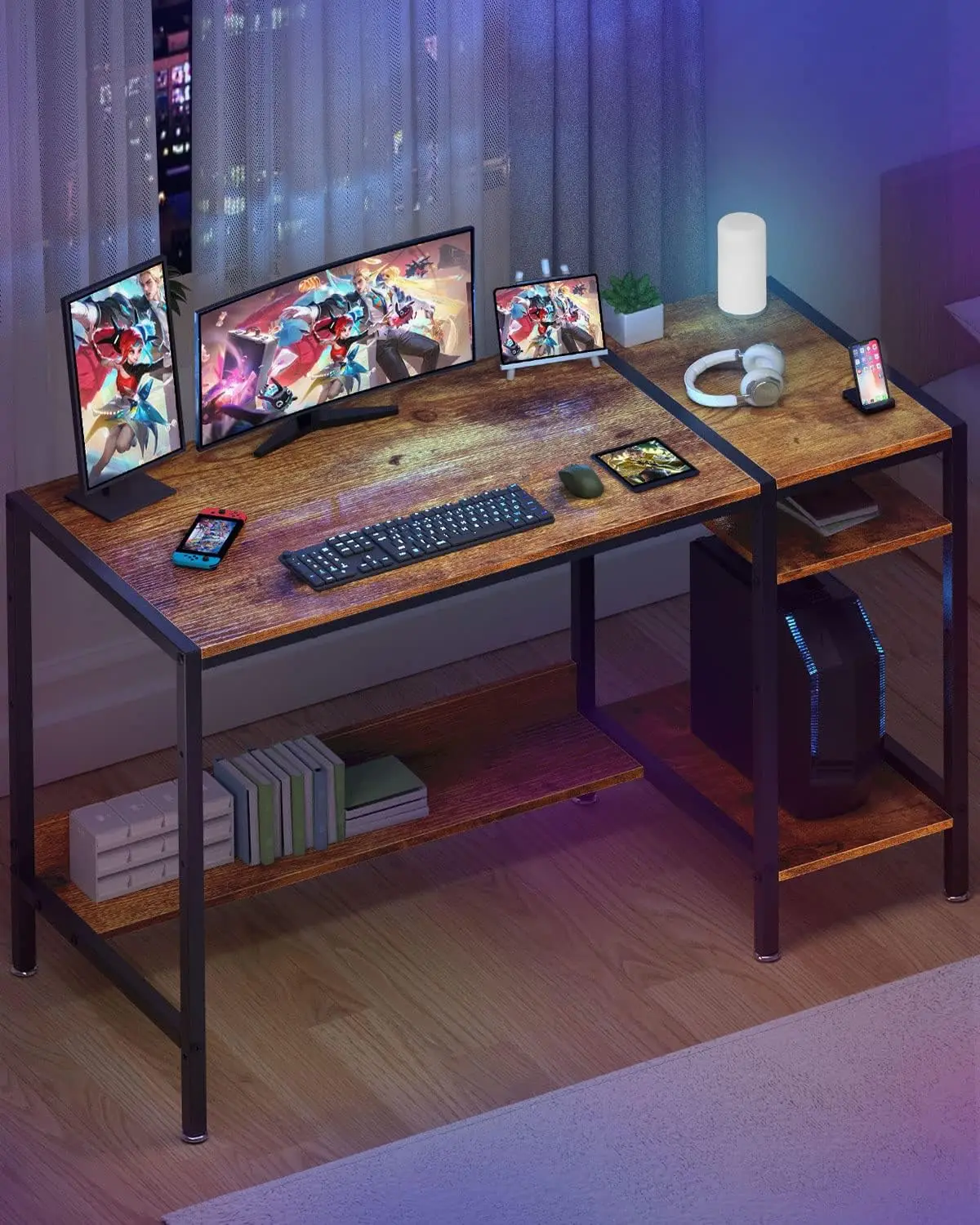 Computer Desk - 39” Gaming Desk, Home Office  with Storage,Small  with Monitor Stand, Rustic Writing Desk for 2 Monitors