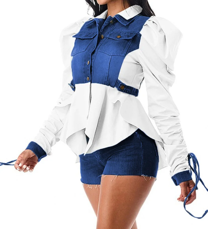 

New Women Casual Turn Down Collar Folds Spliced T Shirt Tops Puff Sleeve Single Breasted Shirts Patchwork Outwear Elegant Lady