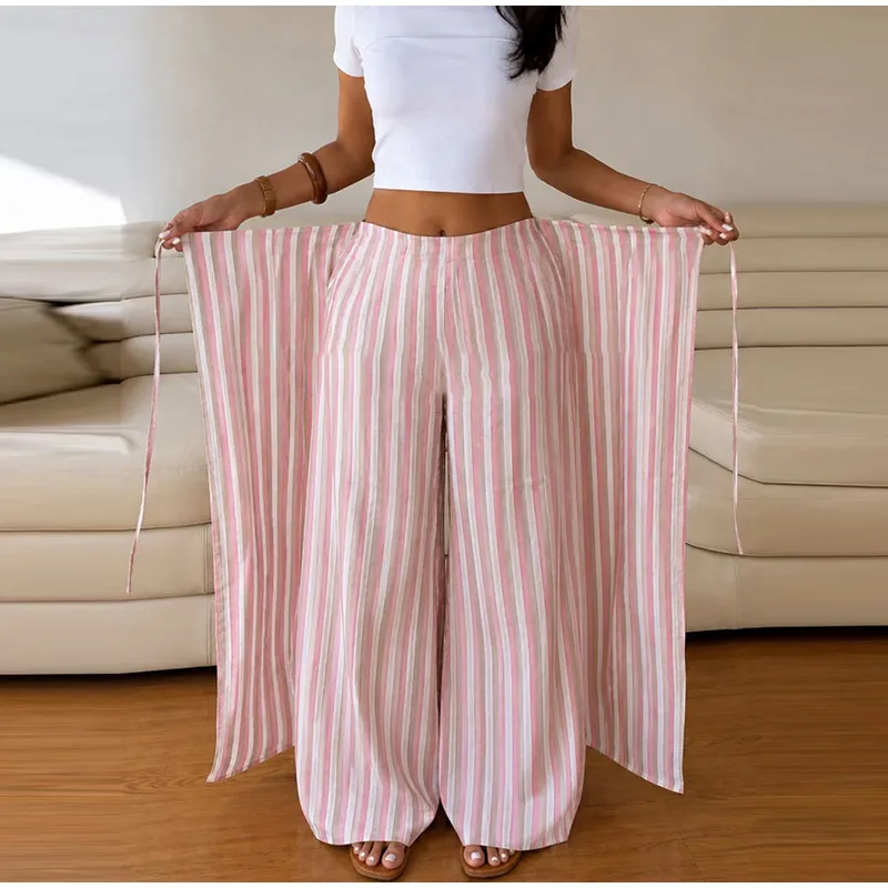 Casual Striped Women's Trouser Lace-Up Adjust Belt High Waist Wide Leg Pants 2026 Summer Autumn Fashion Female Street Trousers