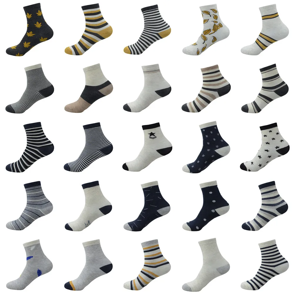 3 Pairs/Set Fashion Vintage Black Yellow Maple Leaves Stripe Business Men Socks Leather Shoes Male Happy American Older Boys