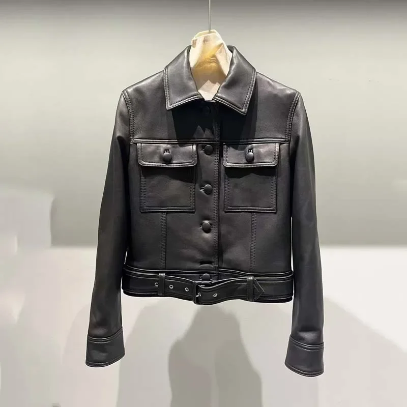 سترة جلدية أصلية عالية الجودة بياقة مقلوبة ملابس نسائية معطف ربيعي بجيب كبير قصير الطول من جلد الغنم الطبيعي الحقيقي