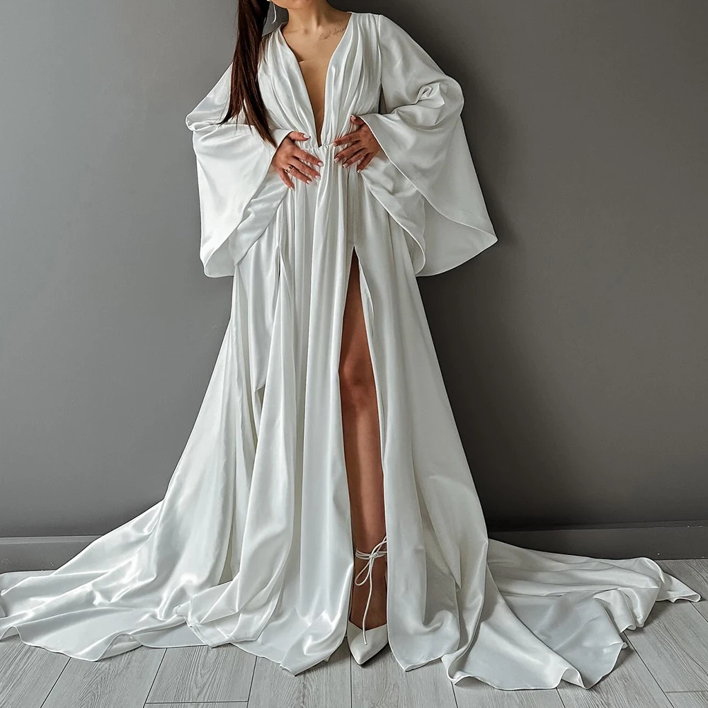 

Modern Butterfly Sleeve Deep V-Neck Solid Color Satin A-Line Wedding Dress Floor Length Side Slit Long Sleeves Sweep Train Gowns