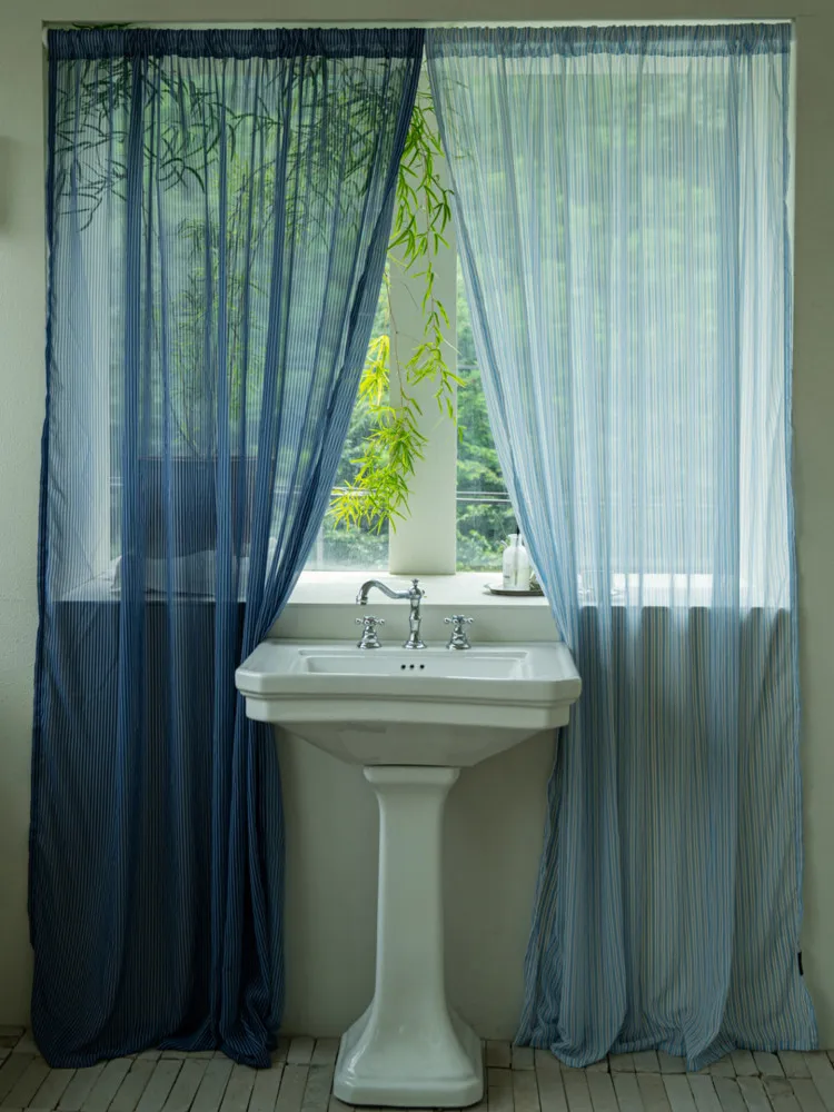 Summer Korean Striped Chiffon Window Curtain Balcony Door Drape Floating Hanging Decoration Transparent Polyester Fabric Curtain