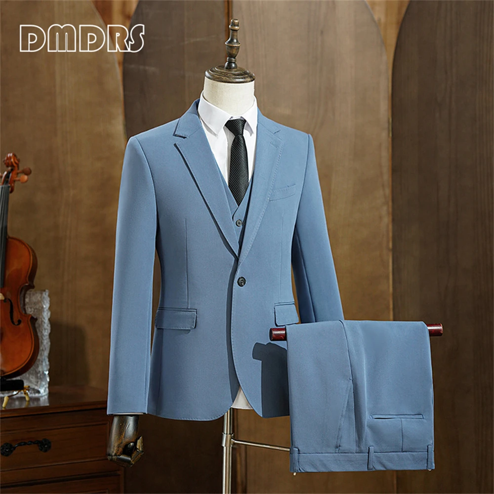 

Dusty Blue One Button 3 Pieces Suit Set for Men, Business Formal Tuxedo Pants Set, Slim Fitted Blazer Vest Pants Plus Size