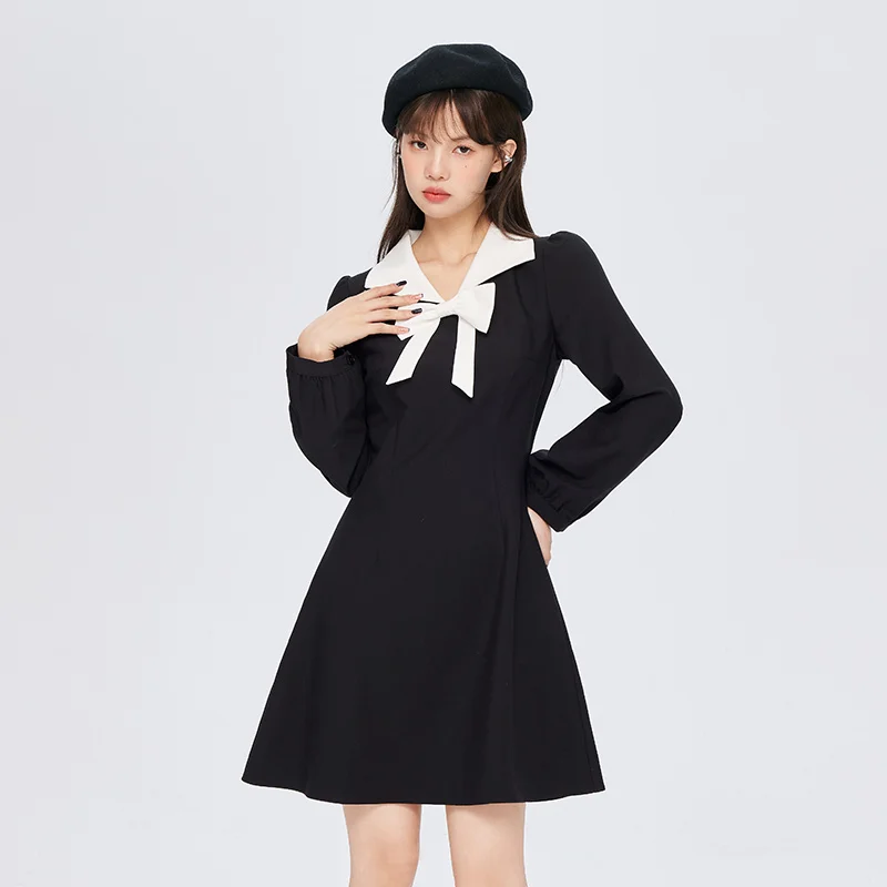 Semir Dress Women  Autumn Winter Bowknot 2023 Winter New Sweet Color Contrast Versatile Fashion Little Black Dress