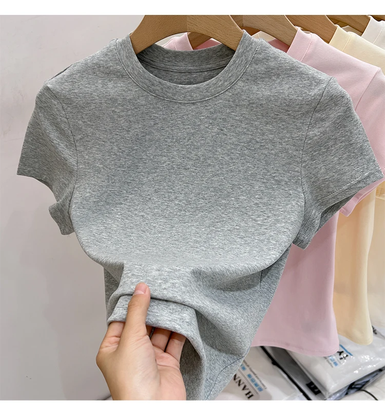 AOSSVIAO 2026 Summer Solid Color Women's Short Sleeve T-Shirt American Vintage Y2K Slim Basic O-Neck Tee Trendy Slim Fit Tops