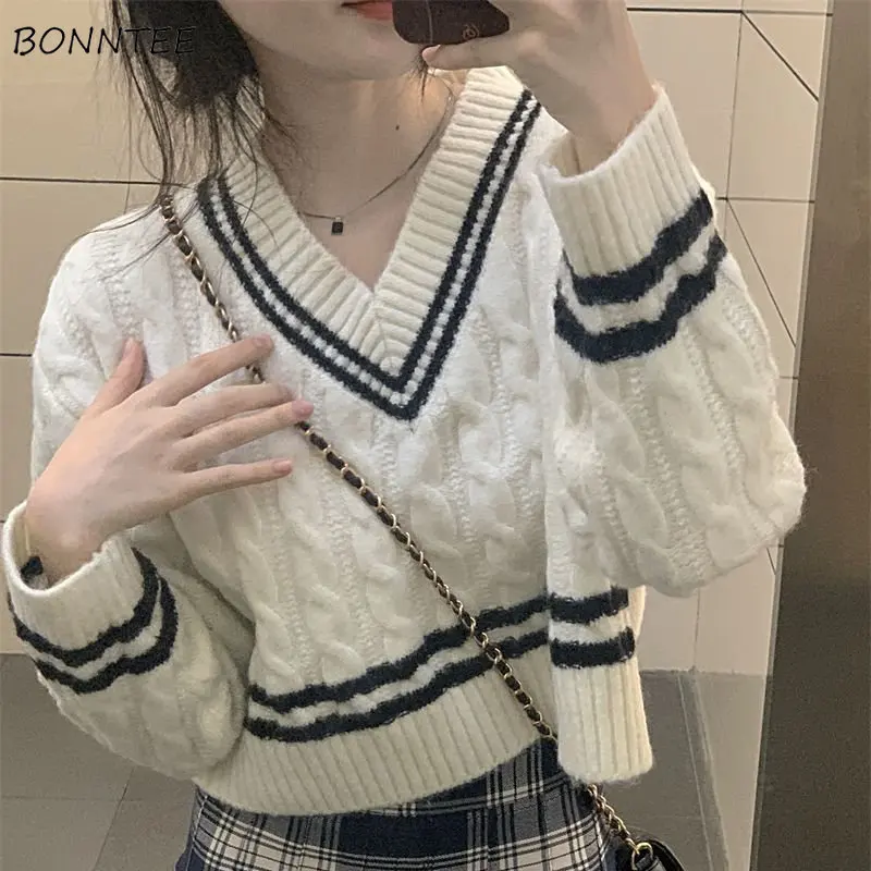 V-neck Cropped Pullovers Women Sweater Korean Fashion Knitwear Baggy Sweet Girlish Teens Pull Femme Personal Panelled Temper Ins