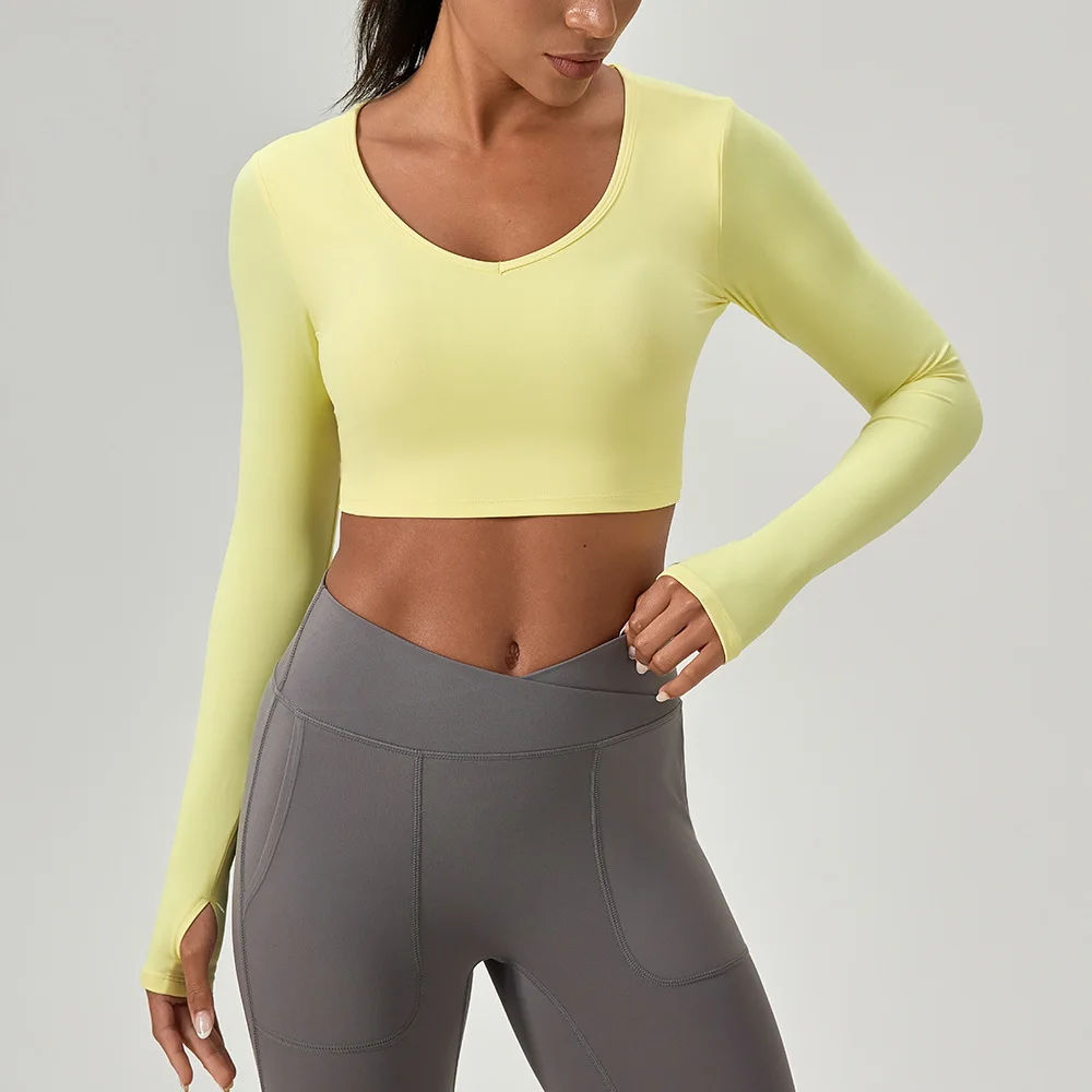 Long Sleeve Women Yoga Back Straps With Chest Pad Close-fitting T-shirts  Sports Fitness Gym Crop Tops Elastic Breathable Tops