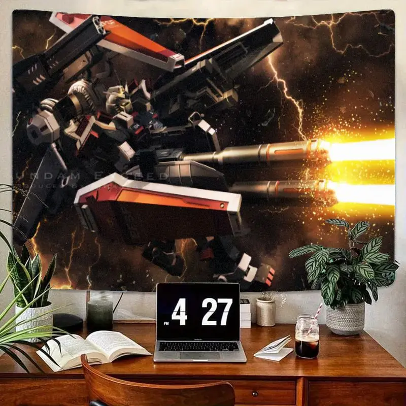 

1 шт. гобелен Sci-Fi Mech Robot с большими пистолетами и желтыми взрывами, фон «Темное береговое небо», деревянный декор для настольной комнаты для игр Ro