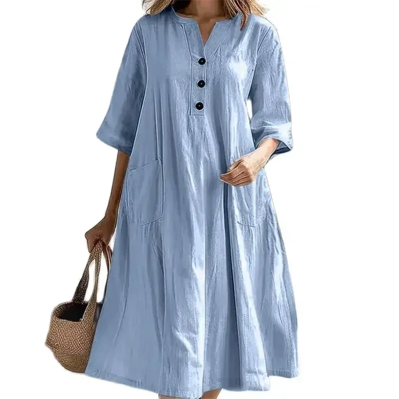 

New Solid Color Cotton Linen Comfortable Casual Dresses Women Half Sleeve Loose Dress Gown Female Double Pocket Patchwork Frock