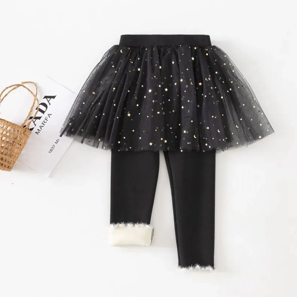 Girls Leggings with Skirt Mesh Sequin Skirt Leggings Toddler Tutu Pants Footless Thick Velvet Tights Pant for Kids for 2-10Years