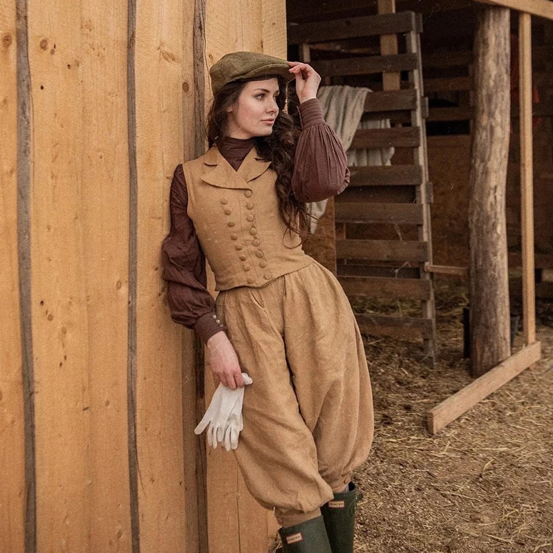 

Custom Made Vintage Historical Linen Bloomers Trousers Uniform Vest Women Edwardian Victorian style Bicycle set