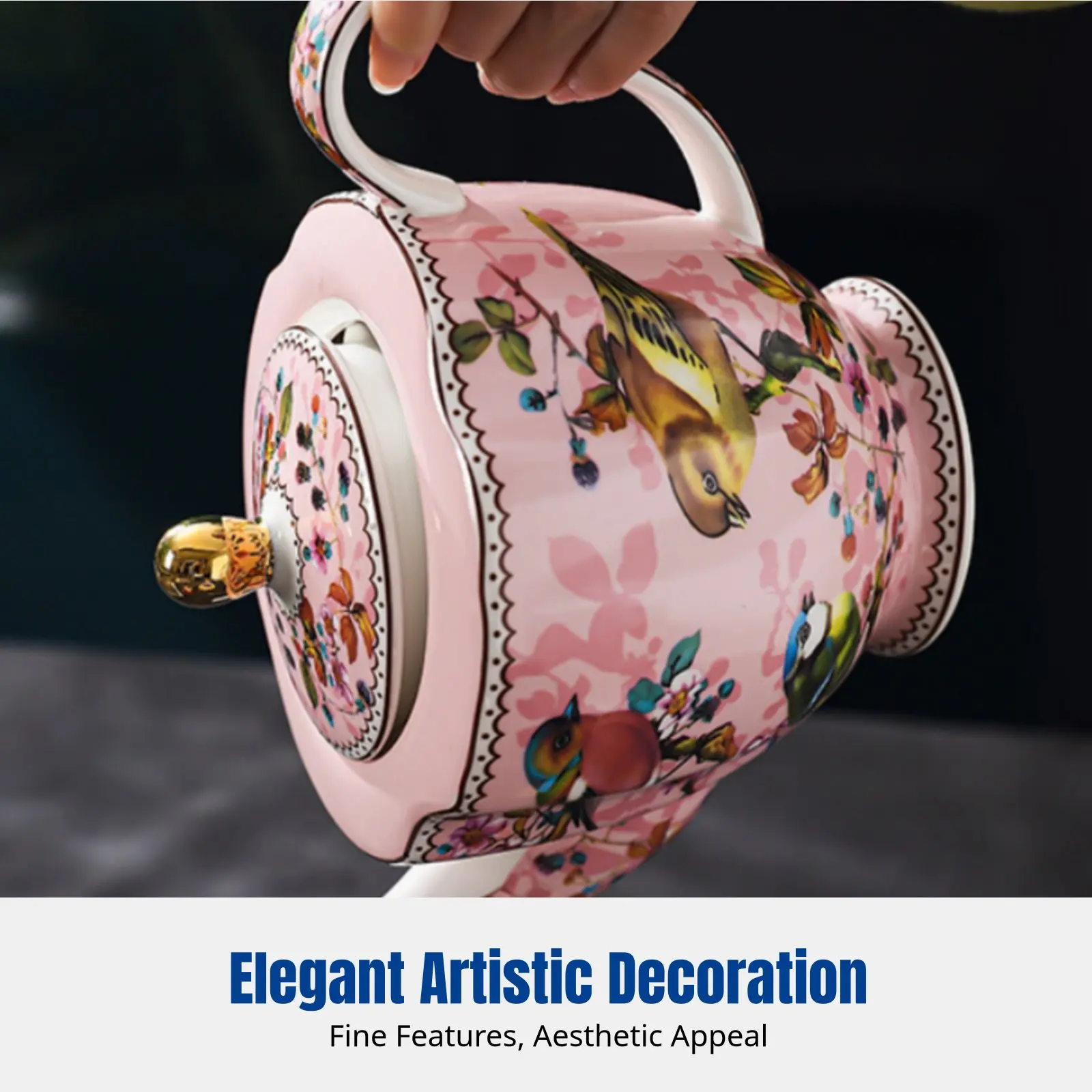 

Ceramic Coffee Pot, Bone China, Marble Pattern Accents, English Style, Floral Avian Decor, Tea Set