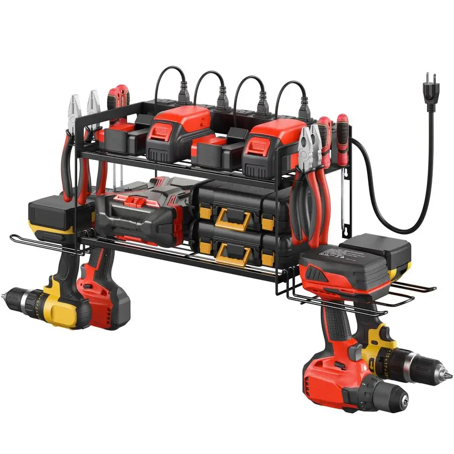 

Хранение гаражных инструментов с зарядной станцией. Полка-органайзер для аккумуляторов электроинструмента с удлинителем. Держатель для 4-дверл Настенный Mo