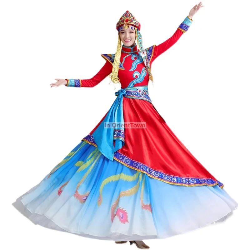 Chinese performance Folk Dance wear Classical long Mongolian Dance clothing ethnic minority dress Stage Costumes for Singers