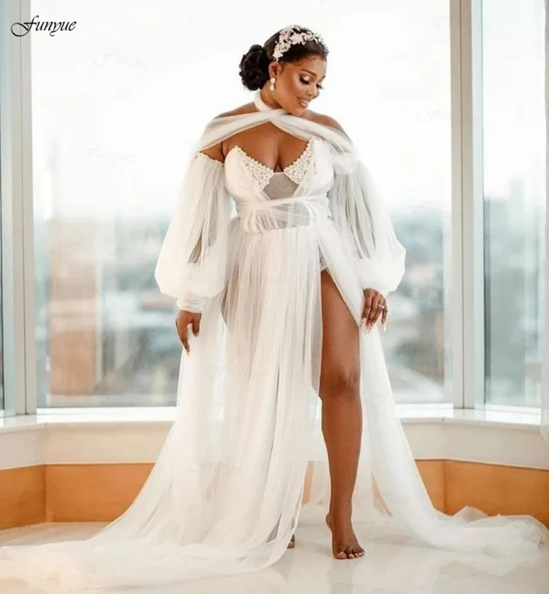 

Sexy White Wedding Dresses 2024 New A-Line African Bridal Party Robe For Brides Wedding Day Long Sleeves Tulle Vestidos De Novia