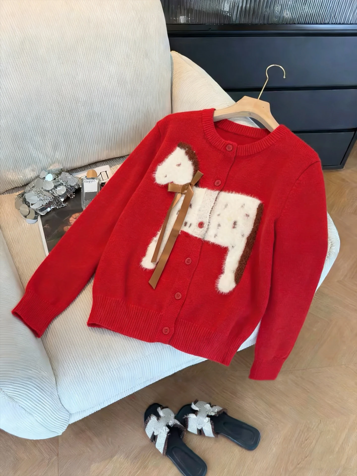 

Новогодний вязаный круглый открытый кардиган с красным узором, женский весенне-осенний модный универсальный вязаный топ с высокой модой