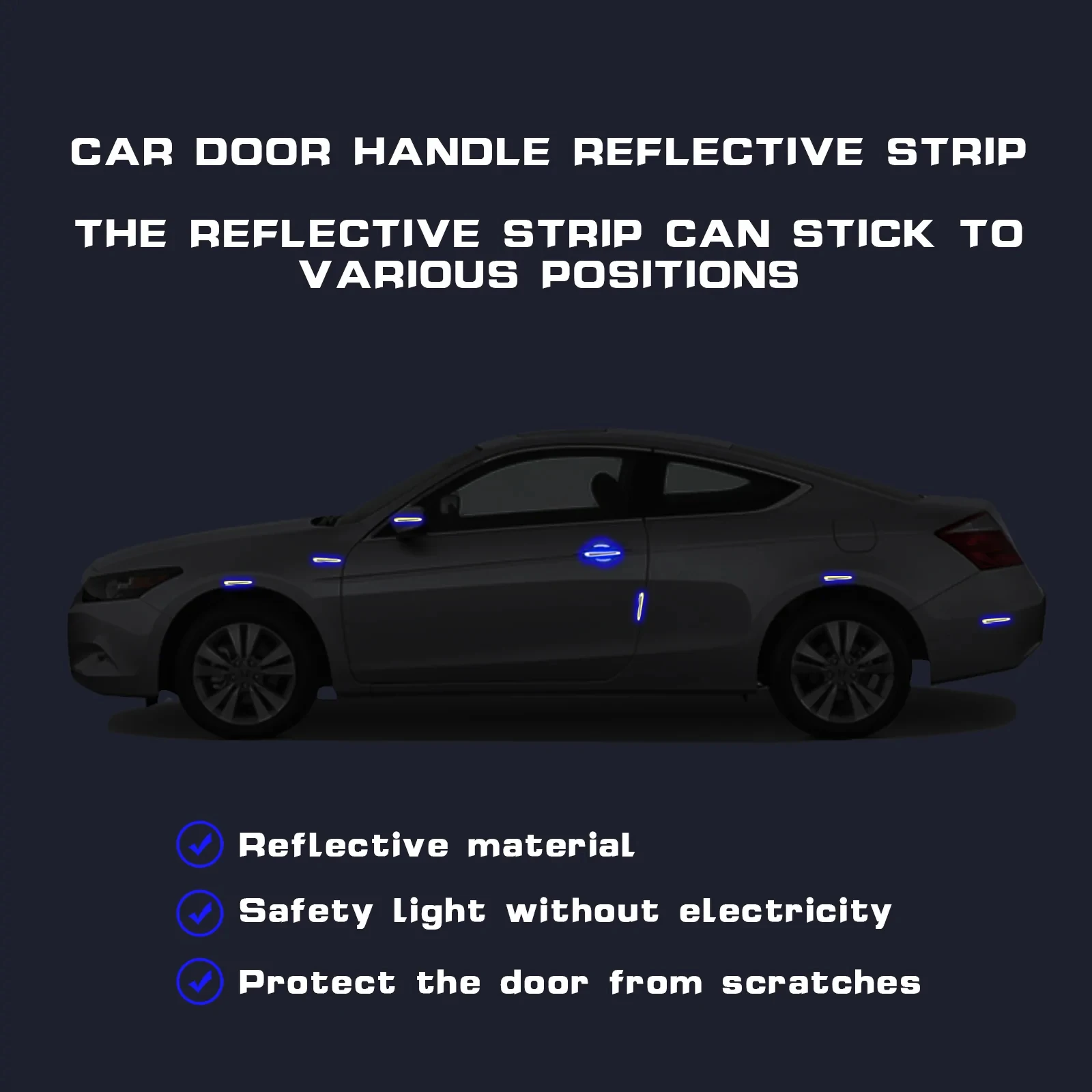 8PCS Blue Carbon Fiber Reflective Door Handle Door Bowl Guard Protect Sticker Night Warning Safety Strip Anti-Scratch Decoration