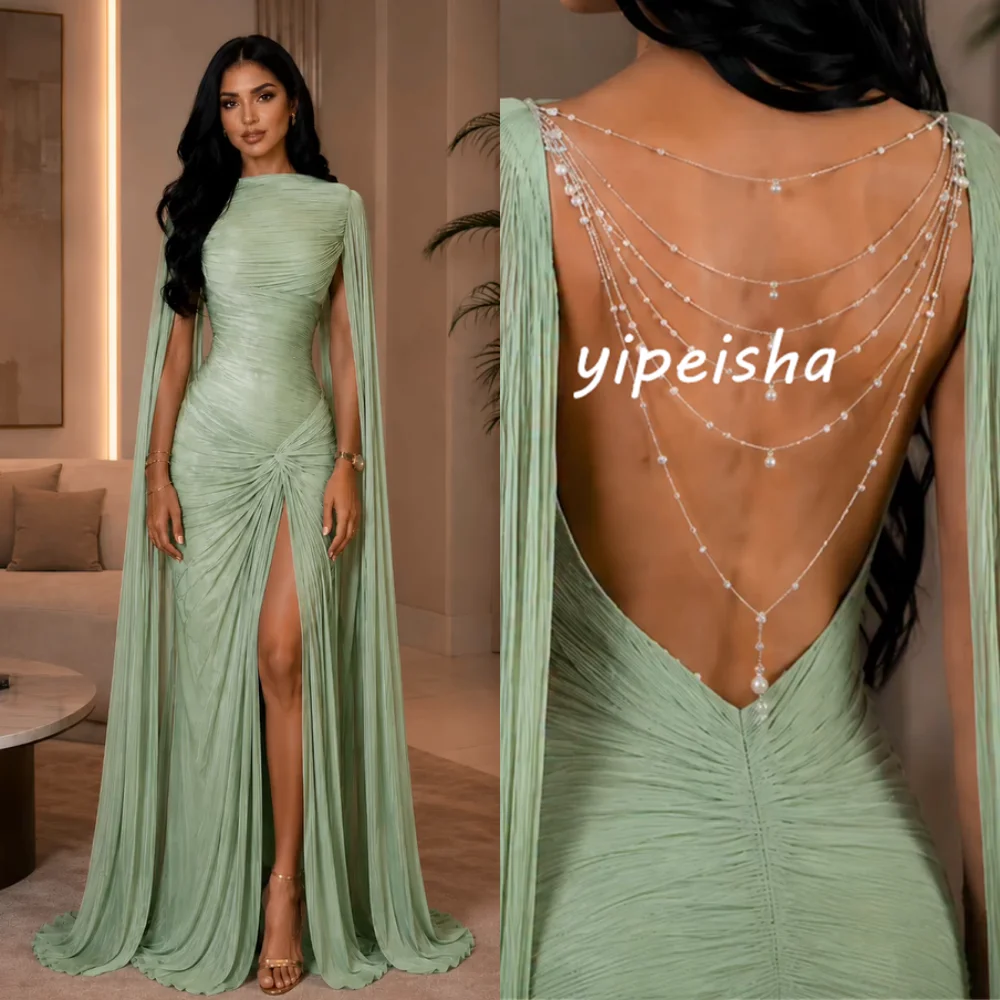 Customized Green Sexy Luxury Chiffon Pleat Pearl Beading Tassel Mermaid High Collar Floor-Length Evening Dresses Sizes Available