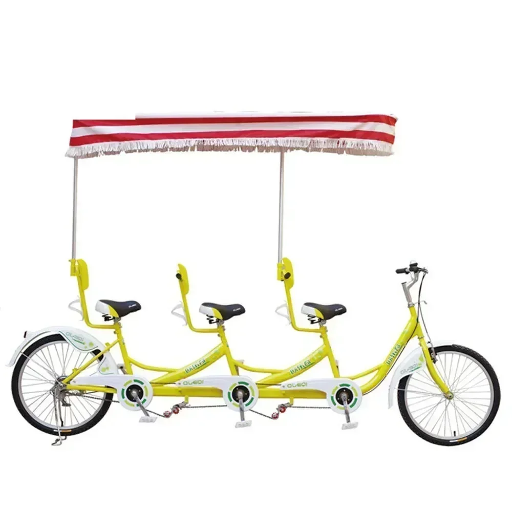 Tandem Bike, Beach Cruiser Bike for Adult, 3 Rider Bicycle, 20/24/26 Inch Wheels, Steel Frame, Alloy V-Brake, Yellow/Red/Green