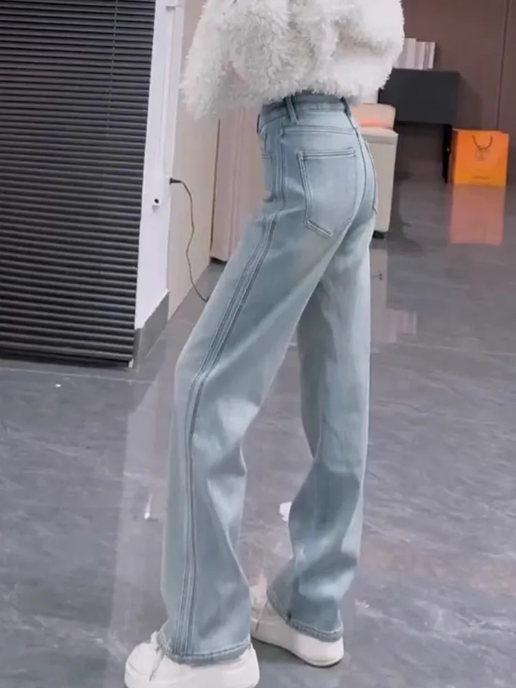 American Sle Fce doublé Thi Denim Jeans femmes automne hiver nouveau minceur couleur claire grande taille gros MM longueur de plancher S...