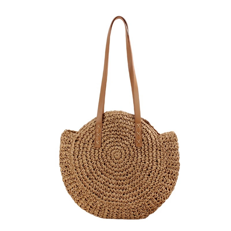 Straw Beach Bag Vintage Handmade Woven Shoulder Bag Raffia Circle Rattan Bags Bohemian Summer Vacation Casual Bags