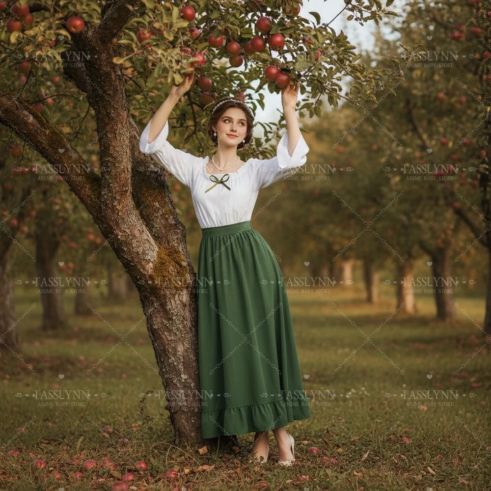Women European Renaissance Peasant Outfit, Flare Sleeve Frill Hem Maxi Skirt Cottagecore Daily Cosplay Costume view 2