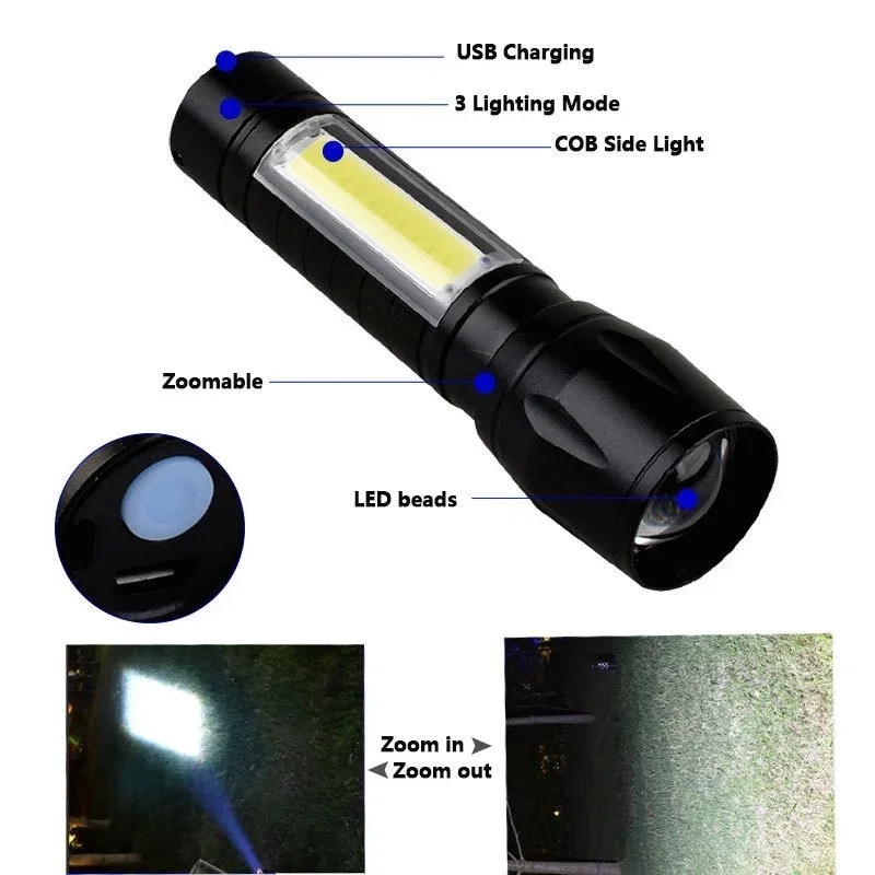 내장 배터리 XP-G Q5 줌 포커스 미니 LED 손전등 토치 램프 랜턴, 2000 루멘 조절 가능 펜라이트 방수 T6 LED 조명