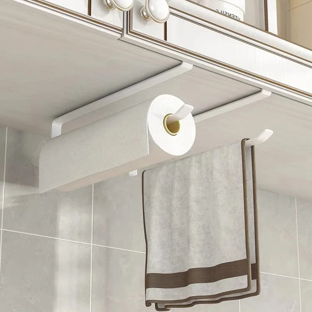 No Punching Kitchen Paper Towel Holder Cabinet Hanger Wall Mounted Toilet Roll Storage Rack Bathroom Accessories