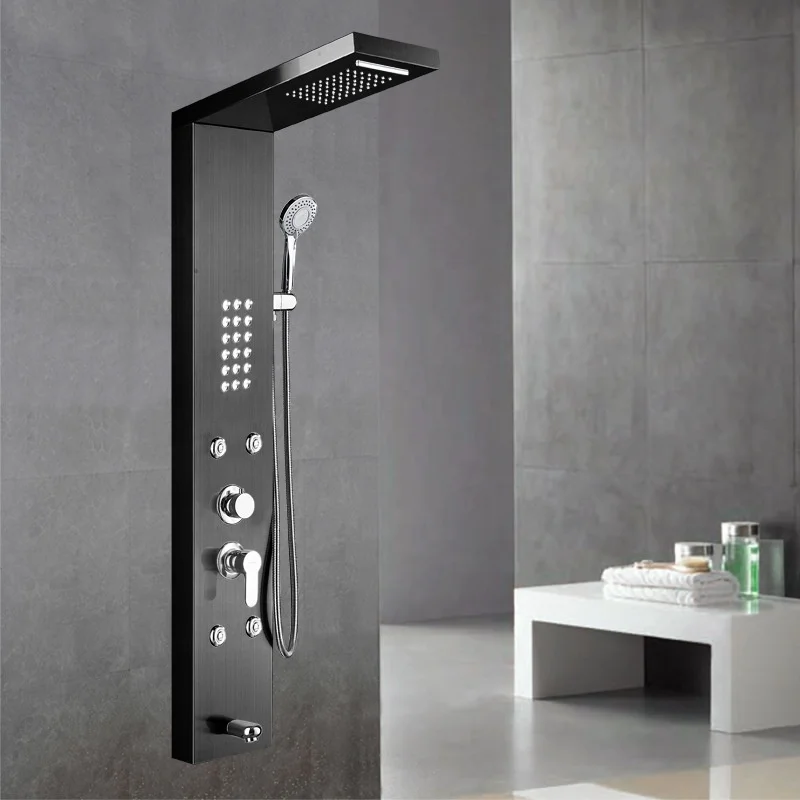 

Stainless Steel Shower Panel Tower Rainfall Waterfall Massage System and Tub Spout 5 Function Bathroom Shower Fixtures