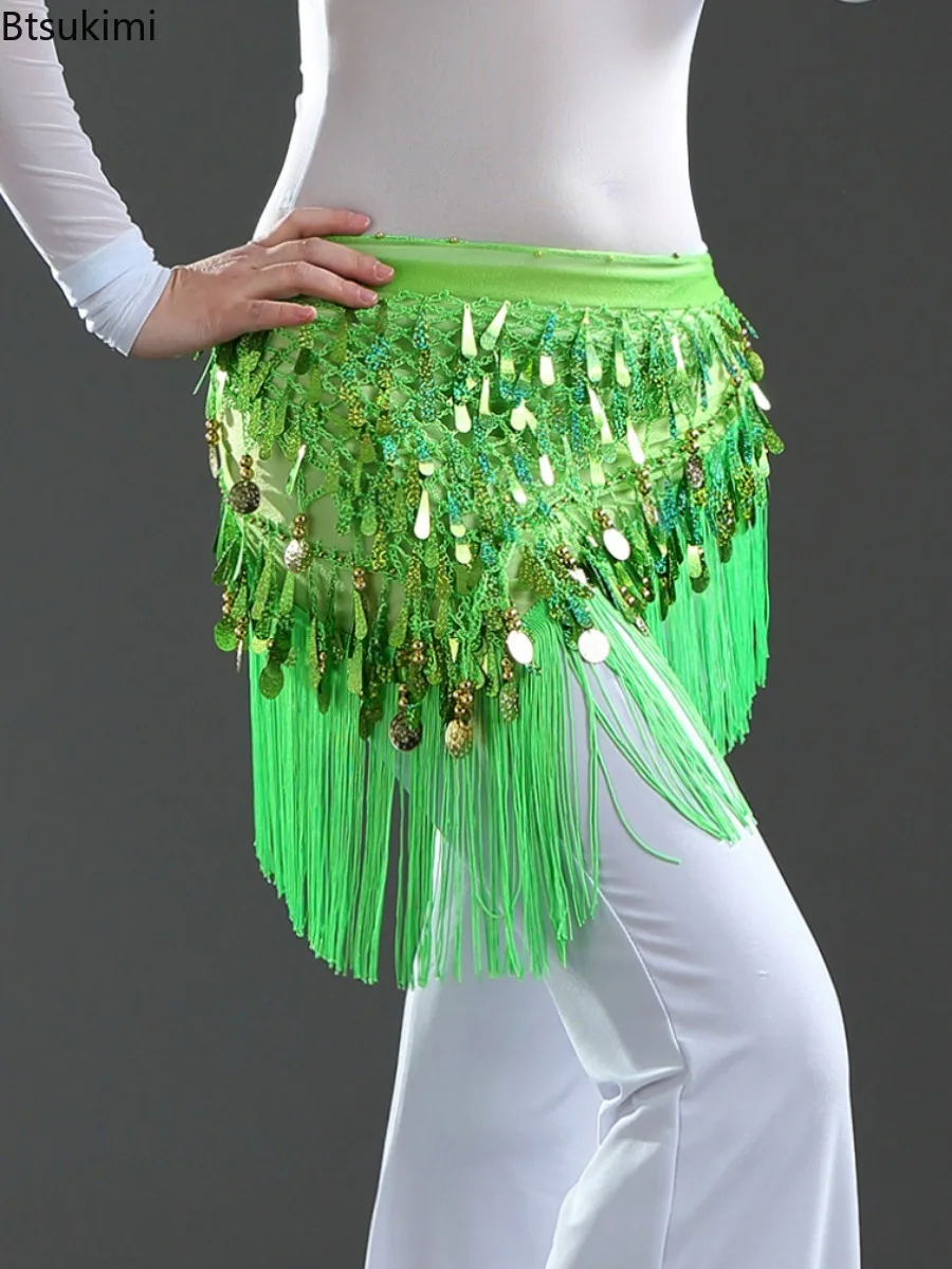 New Women Belly Dance Clothing Accessories Teardrop Paillettes Fringe Wrap Elastic Base Tie-Dye Triangle Belts Coins Hip Scarf