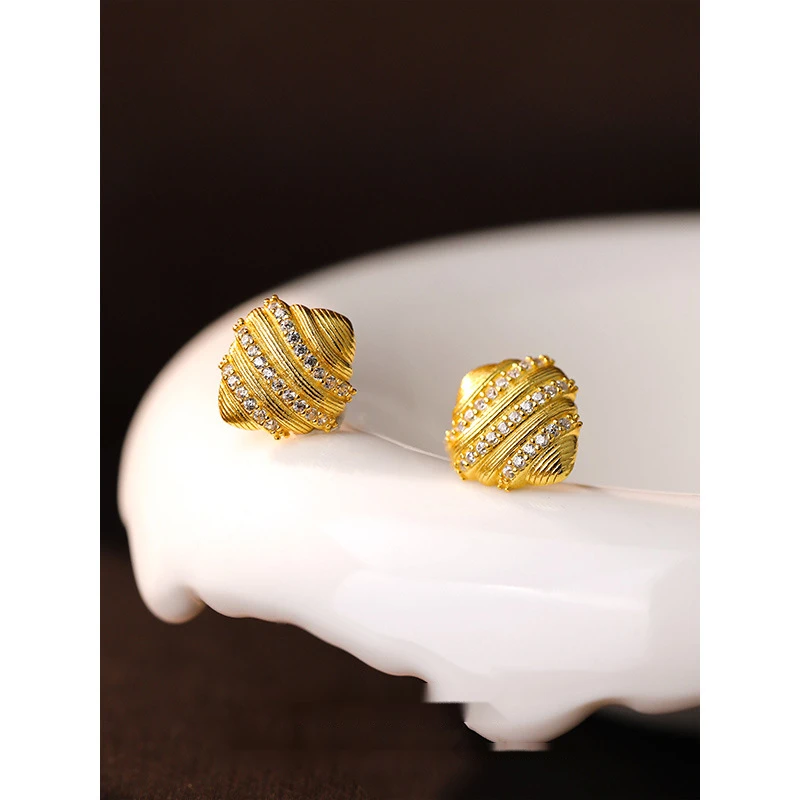 Lufuxuan 925 silver ins personality retro croissant Italian brushed zirconia earrings women earrings