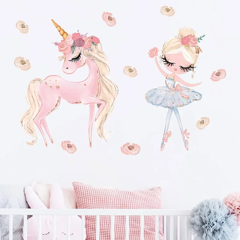 Cartoon Hand-paint Dance Princess Girl Unicorns Wall Stickers for Kids Room Girl Room Baby Nursery Room Wall Decals Home Decor