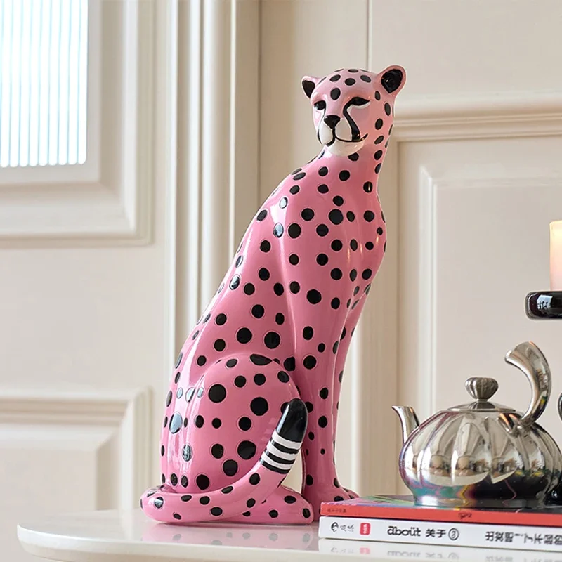 Home Decor Statuette Pink Leopard Ornament Living Room Entrance TV Cabinet Office Desktop Figurine Decoration Customized