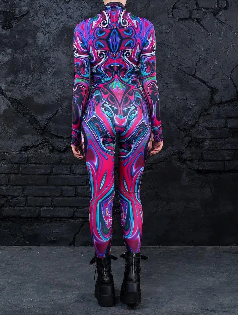 Bunter 3D-Druck Damen Party Cyberpunk Regenbogen Jumpsuit Onesie Halloween Cosplay Kostüm Elastischer Bodysuit Romper – Detail 16