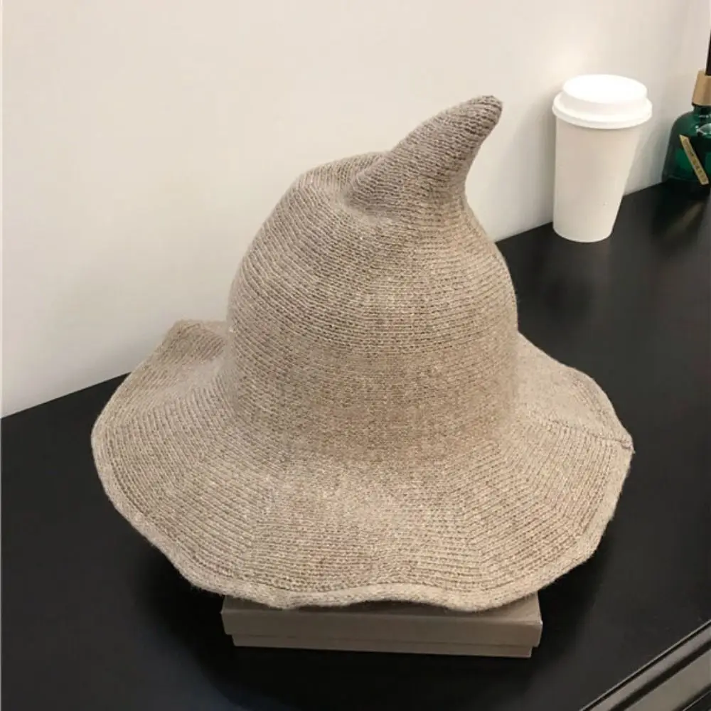 

Wizard Cap Wool Witch Hat Korean Knitting Wool Bucket Hat Solid Color Basin Hat Halloween Hat Women