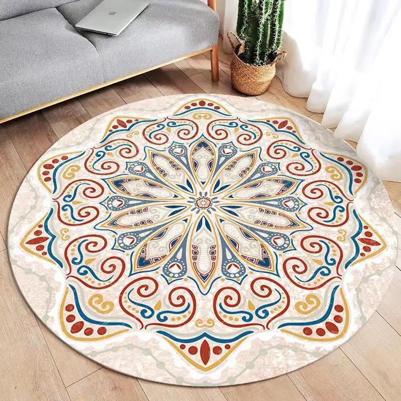 Retro Ethnischer Stil Runder Teppich Mandala Muster Druck Bodenmatte Home Decor Anti-Rutsch-Teppich für Wohnzimmer Schlafzimmer Teekanne usw