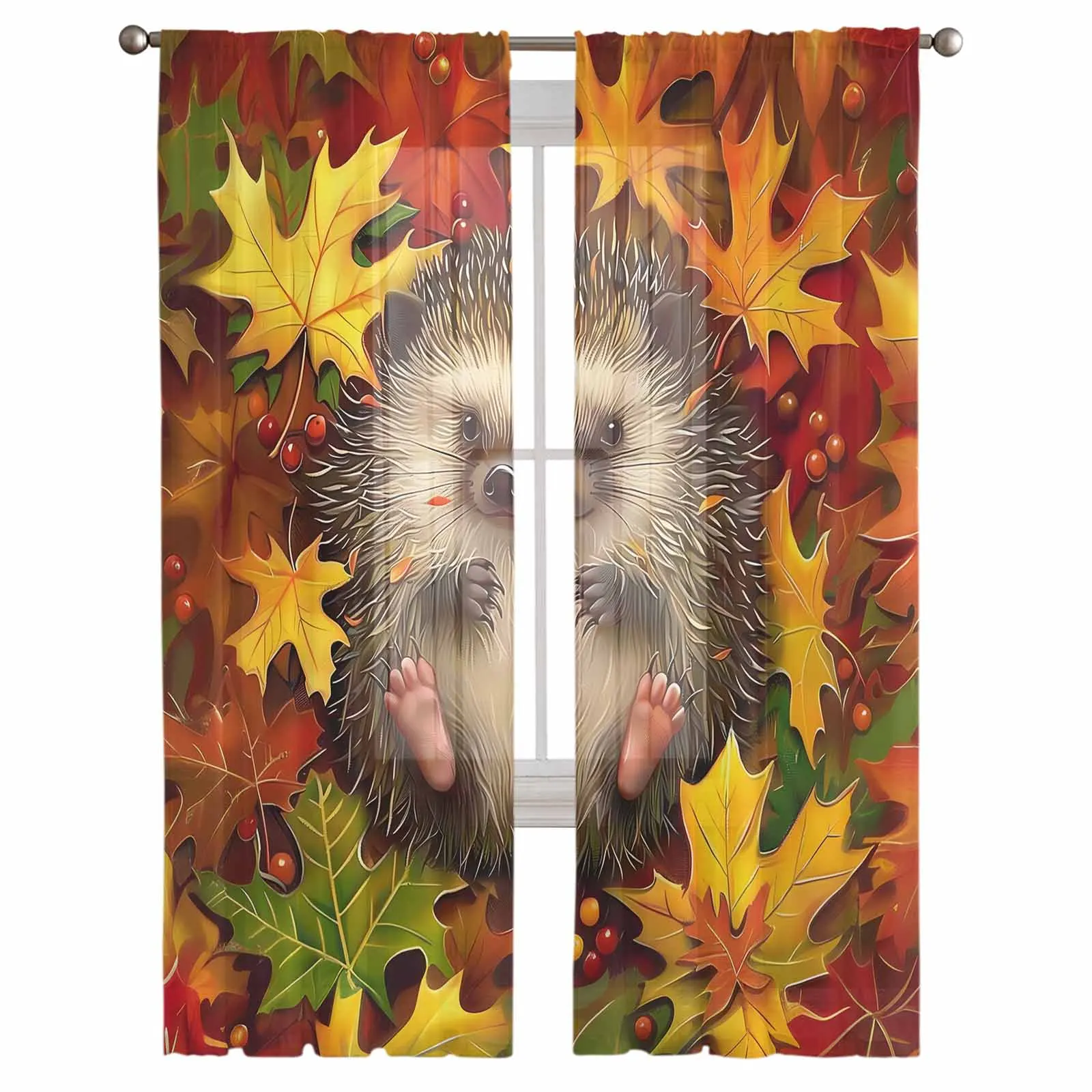 Autumn Maple Leaf Hedgehog Window Tulle Curtains for Living Room Kitchen Modern Window Treatments Voile Curtains