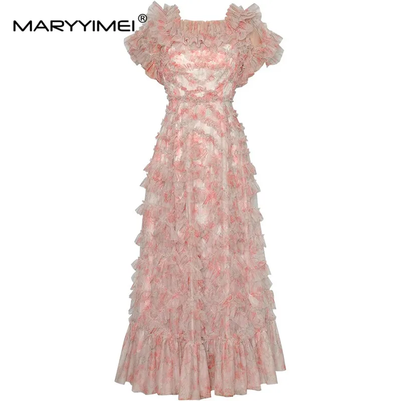 

MARYYIMEI Spring Summer Women's Ball Gown Dress Short sleeved Mesh Splicing Edible Tree Fungus Edge Colorful Party Dresses