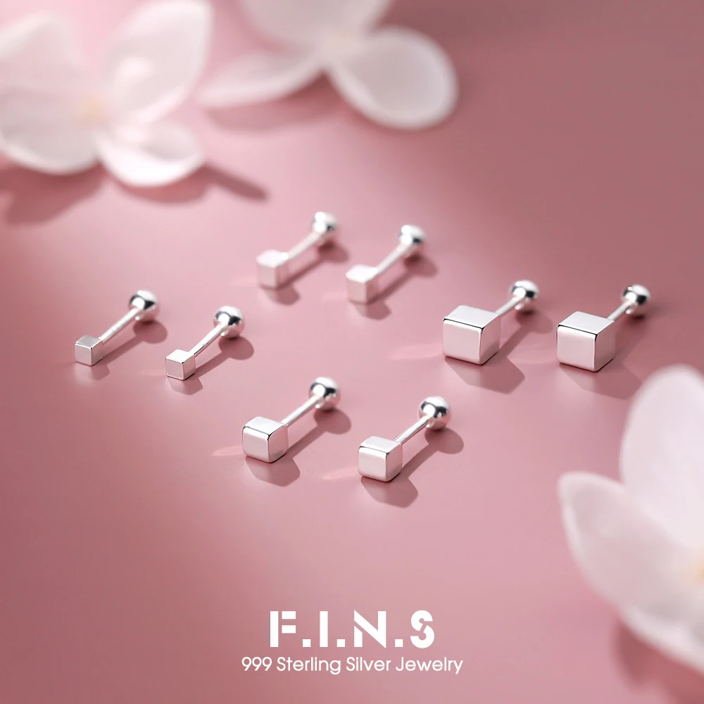 

F.I.N.S Minimalism 999 Sterling Silver Small Square Stud Earrings For Women Versatile Pierced Small Mini Ear Screw Studs Jewelry