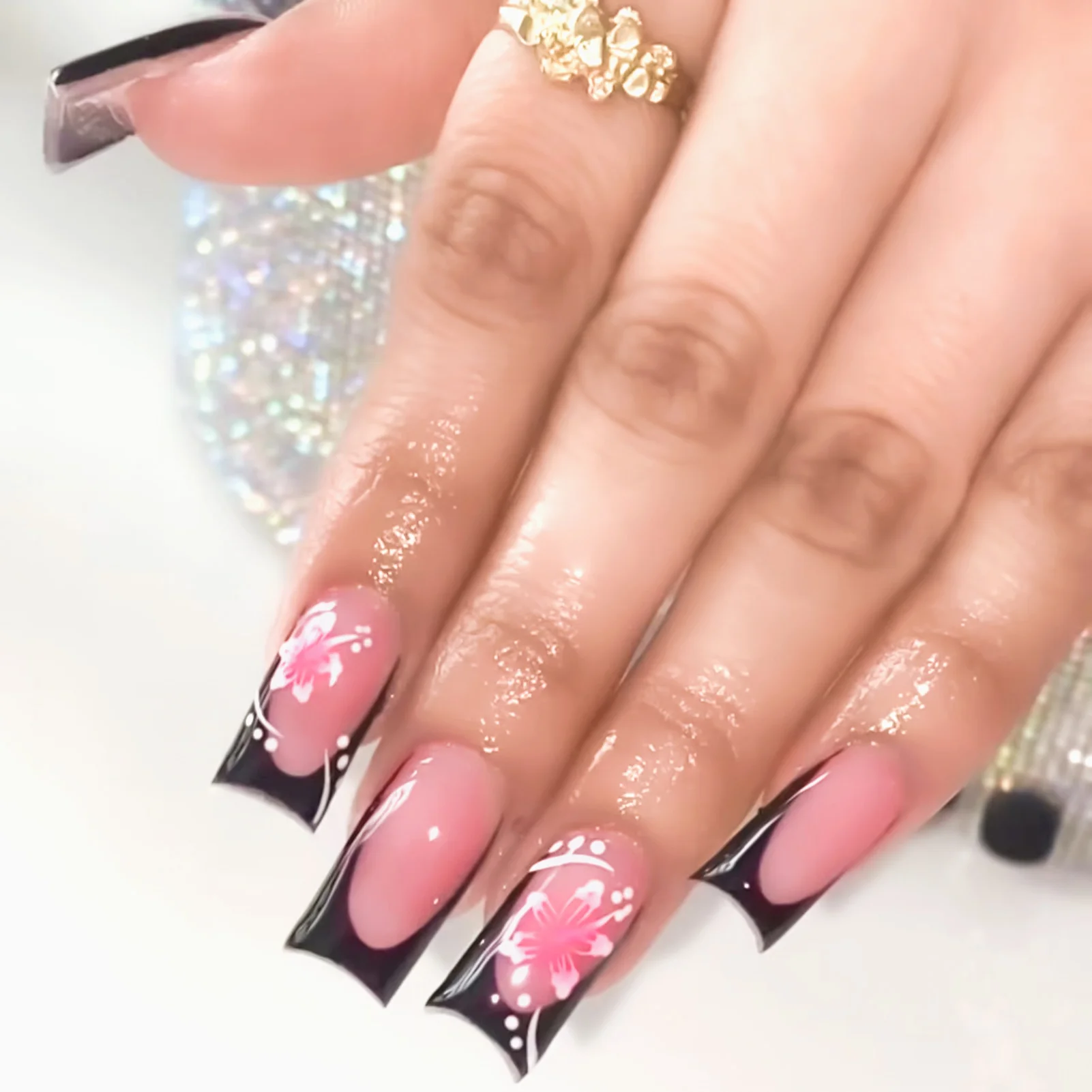 Black French Style False Nails Long Ballerina Square Head Press on Nails Pink White Flower Charm Manicure Full Cover Fake Nails