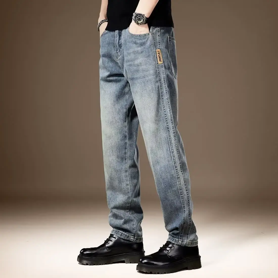 American style retro washed thin denim jeans for men loose fitting straight leg  wide leg casual long pants for men  jeans